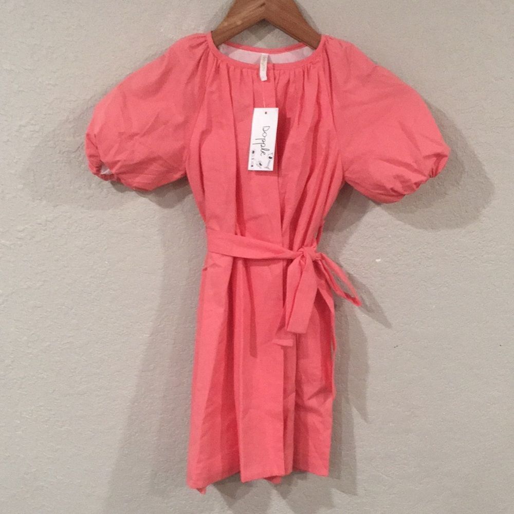 NEW Babychi Girls Sz 4-6Y Organic Coral Puff Sleeve Robe VIC Belt 100% Cotton‎